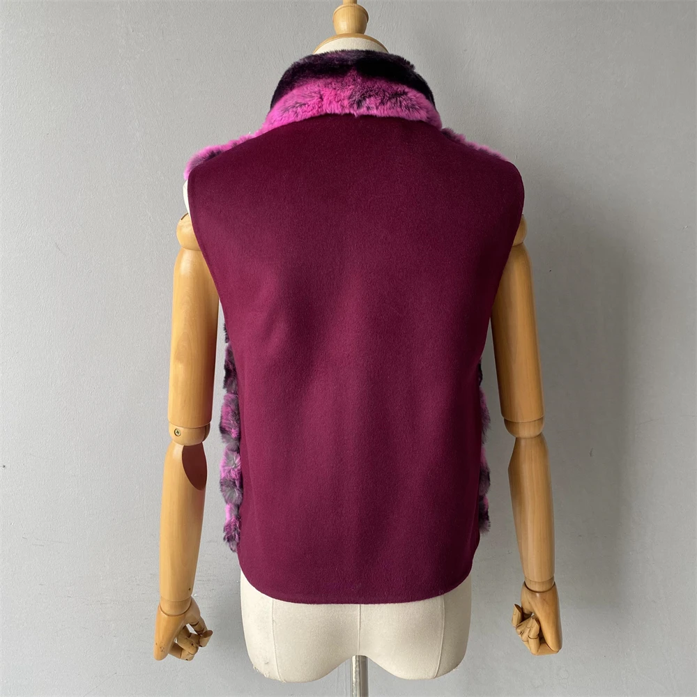 Jaxmonoy Natural Rabbit Fur Coat for Women Winter Real Rex Rabbit Fur Vest Ladies Fashion Patchwork Wool Blend Waistcoat Fall