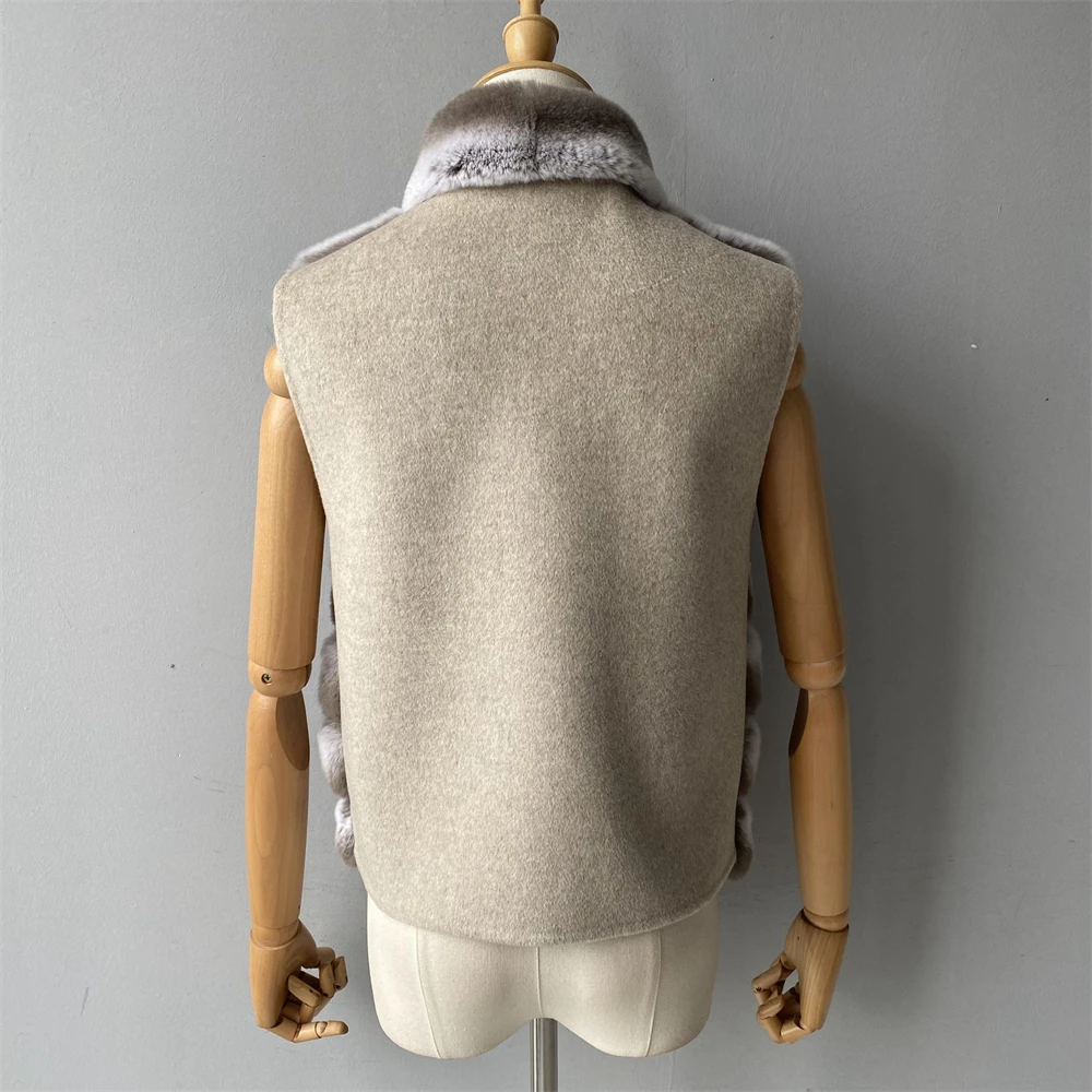 Jaxmonoy Natural Rabbit Fur Coat for Women Winter Real Rex Rabbit Fur Vest Ladies Fashion Patchwork Wool Blend Waistcoat Fall