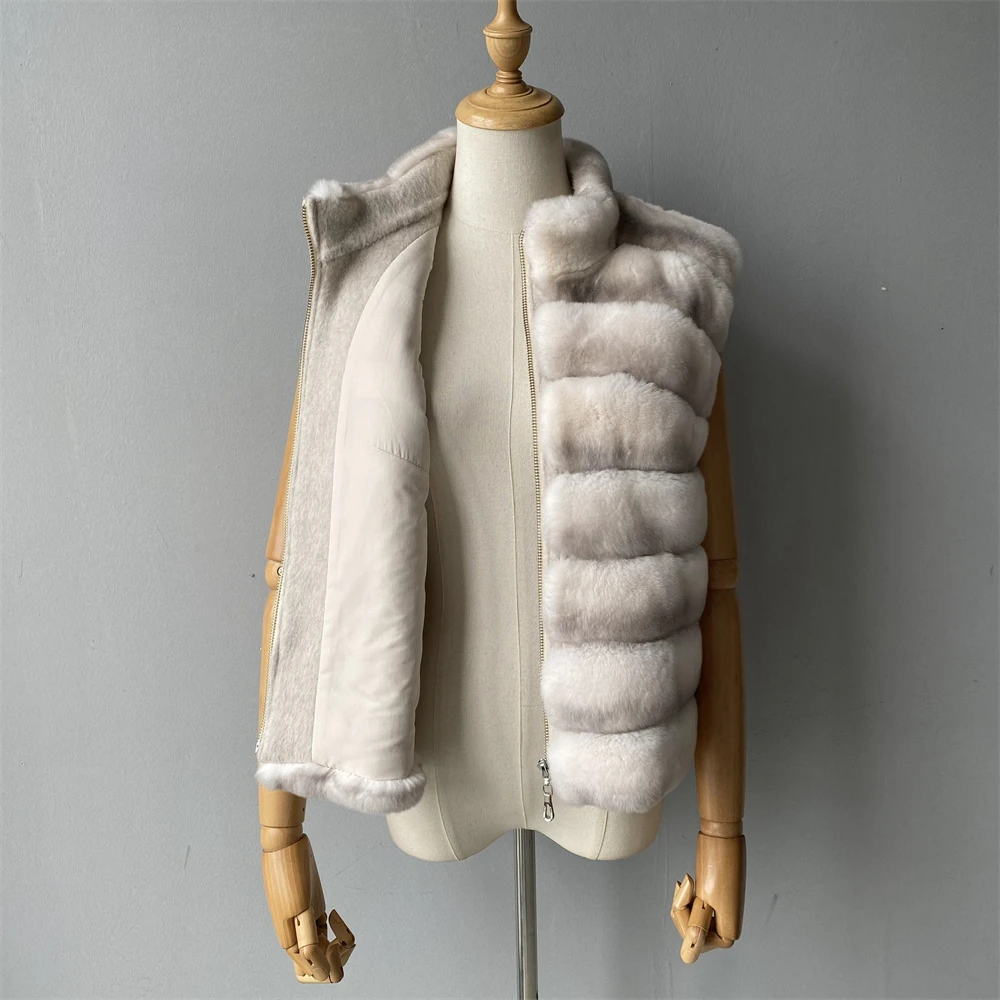 Jaxmonoy Natural Rabbit Fur Coat for Women Winter Real Rex Rabbit Fur Vest Ladies Fashion Patchwork Wool Blend Waistcoat Fall