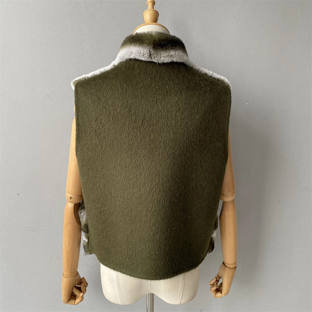 Jaxmonoy Natural Rabbit Fur Coat for Women Winter Real Rex Rabbit Fur Vest Ladies Fashion Patchwork Wool Blend Waistcoat Fall