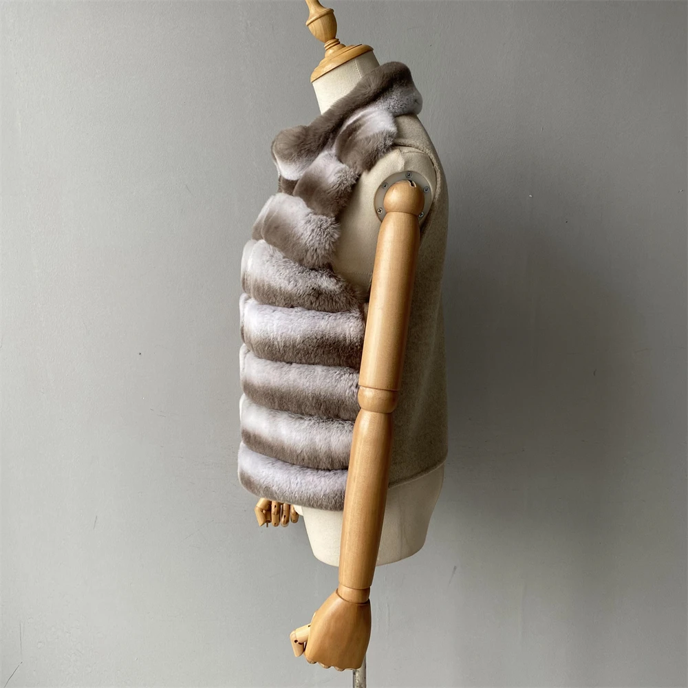 Jaxmonoy Natural Rabbit Fur Coat for Women Winter Real Rex Rabbit Fur Vest Ladies Fashion Patchwork Wool Blend Waistcoat Fall