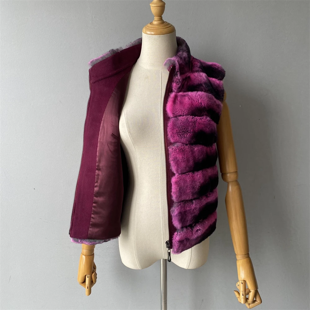 Jaxmonoy Natural Rabbit Fur Coat for Women Winter Real Rex Rabbit Fur Vest Ladies Fashion Patchwork Wool Blend Waistcoat Fall