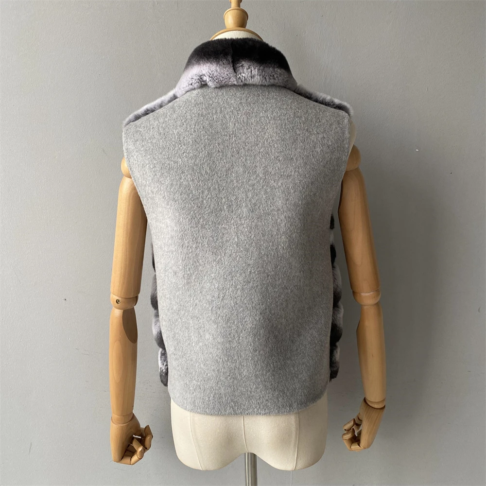 Jaxmonoy Natural Rabbit Fur Coat for Women Winter Real Rex Rabbit Fur Vest Ladies Fashion Patchwork Wool Blend Waistcoat Fall