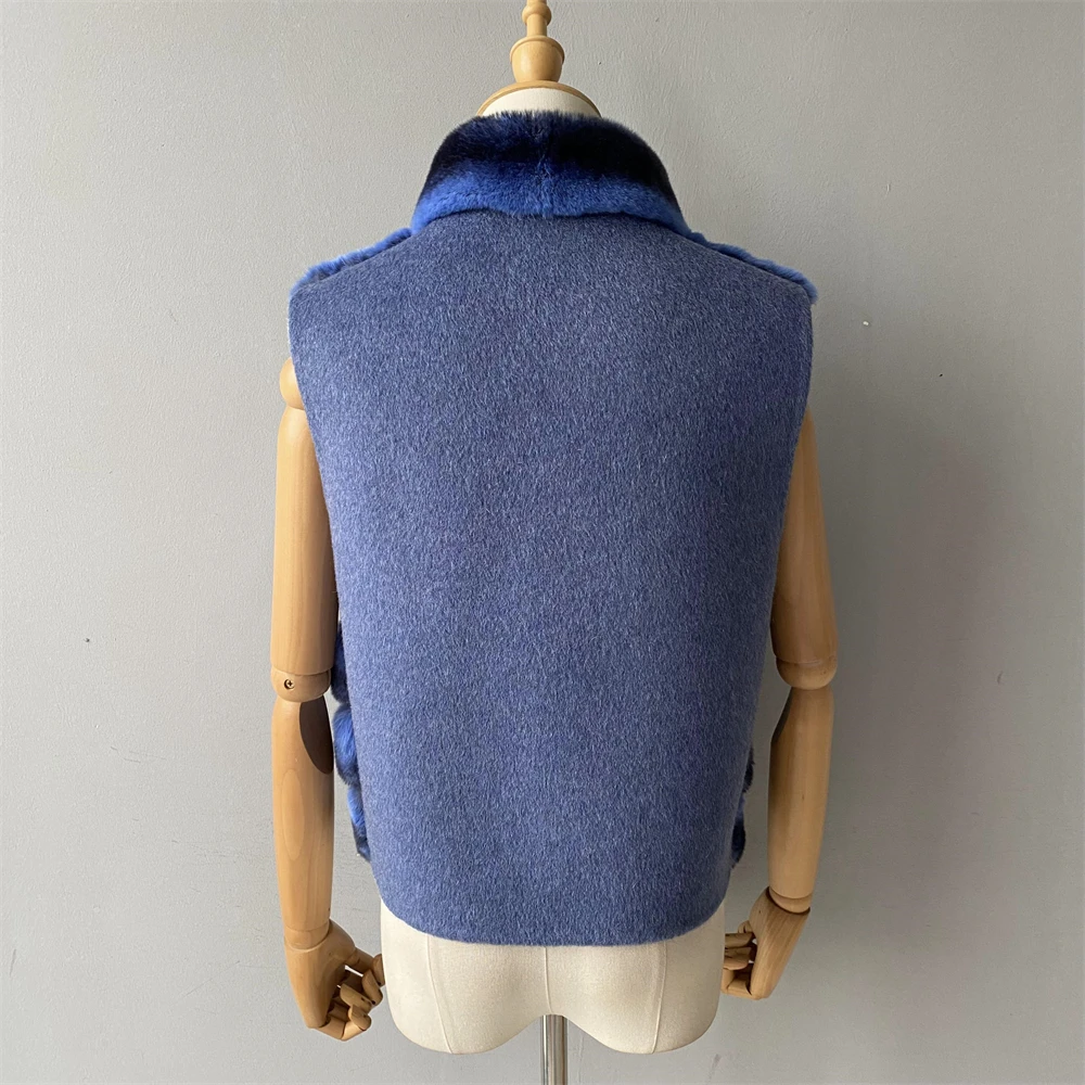 Jaxmonoy Natural Rabbit Fur Coat for Women Winter Real Rex Rabbit Fur Vest Ladies Fashion Patchwork Wool Blend Waistcoat Fall