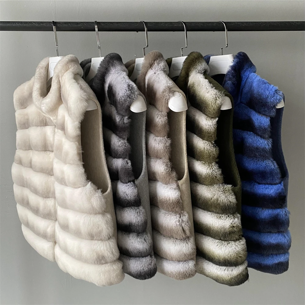 Jaxmonoy Natural Rabbit Fur Coat for Women Winter Real Rex Rabbit Fur Vest Ladies Fashion Patchwork Wool Blend Waistcoat Fall