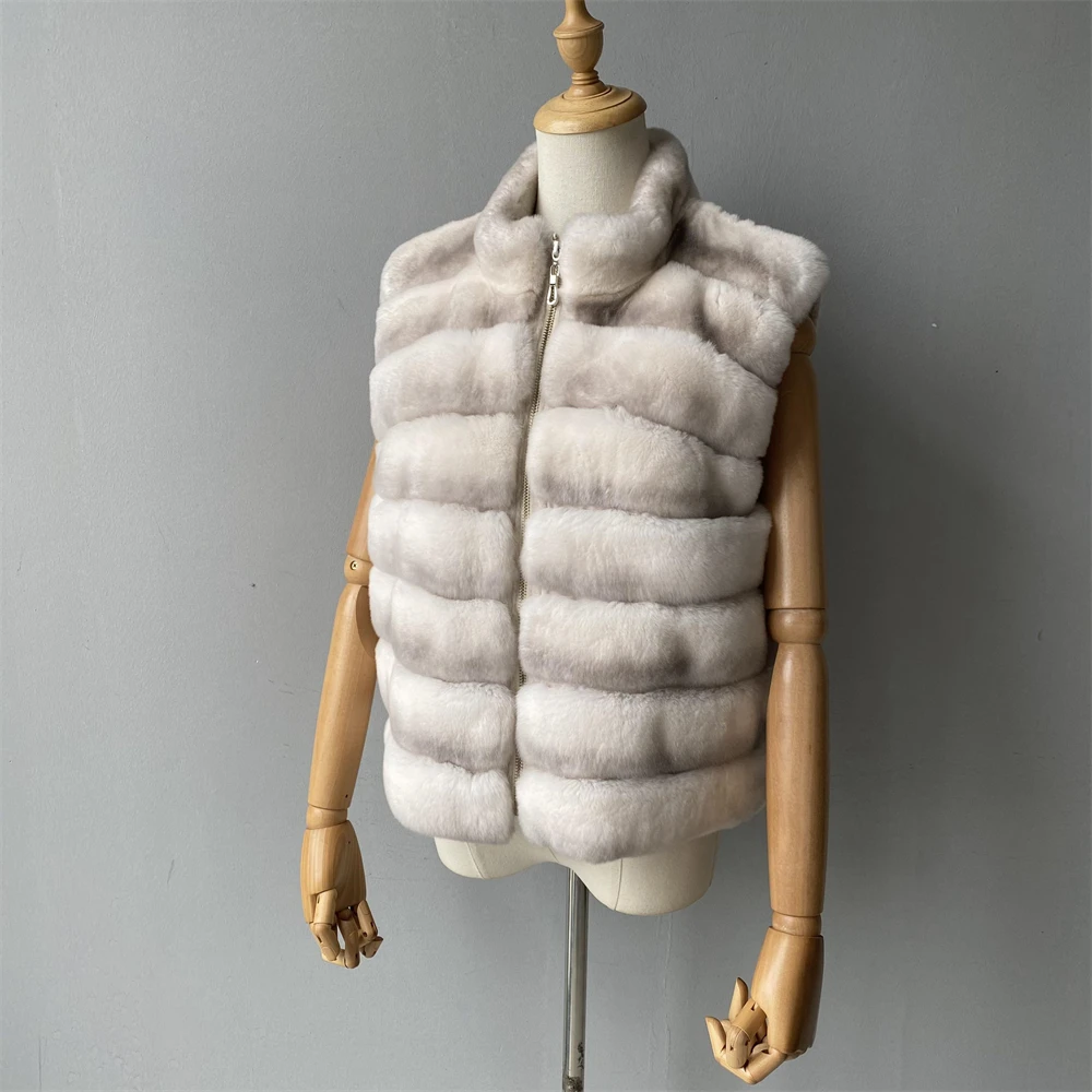 Jaxmonoy Natural Rabbit Fur Coat for Women Winter Real Rex Rabbit Fur Vest Ladies Fashion Patchwork Wool Blend Waistcoat Fall
