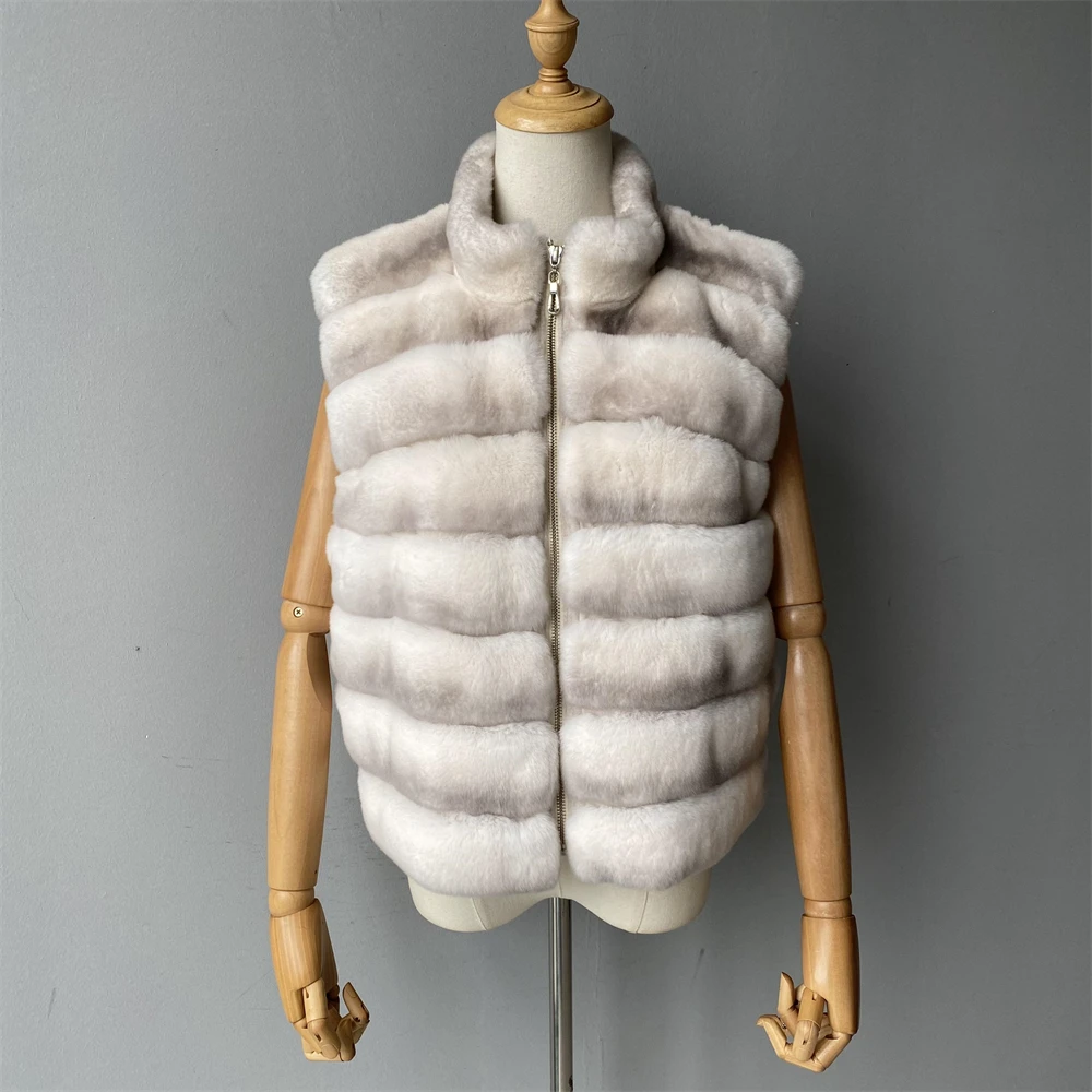 Jaxmonoy Natural Rabbit Fur Coat for Women Winter Real Rex Rabbit Fur Vest Ladies Fashion Patchwork Wool Blend Waistcoat Fall