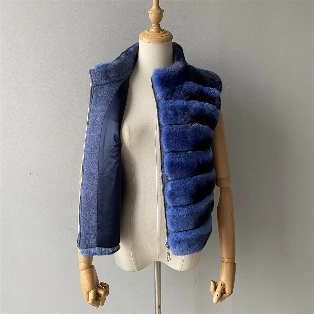 Jaxmonoy Natural Rabbit Fur Coat for Women Winter Real Rex Rabbit Fur Vest Ladies Fashion Patchwork Wool Blend Waistcoat Fall