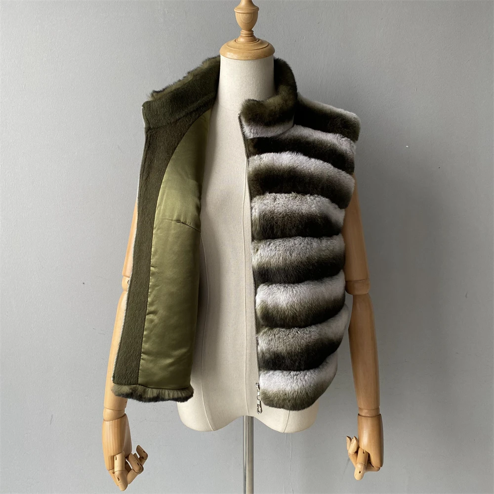 Jaxmonoy Natural Rabbit Fur Coat for Women Winter Real Rex Rabbit Fur Vest Ladies Fashion Patchwork Wool Blend Waistcoat Fall