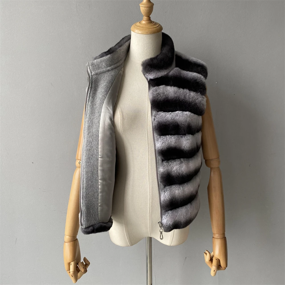 Jaxmonoy Natural Rabbit Fur Coat for Women Winter Real Rex Rabbit Fur Vest Ladies Fashion Patchwork Wool Blend Waistcoat Fall