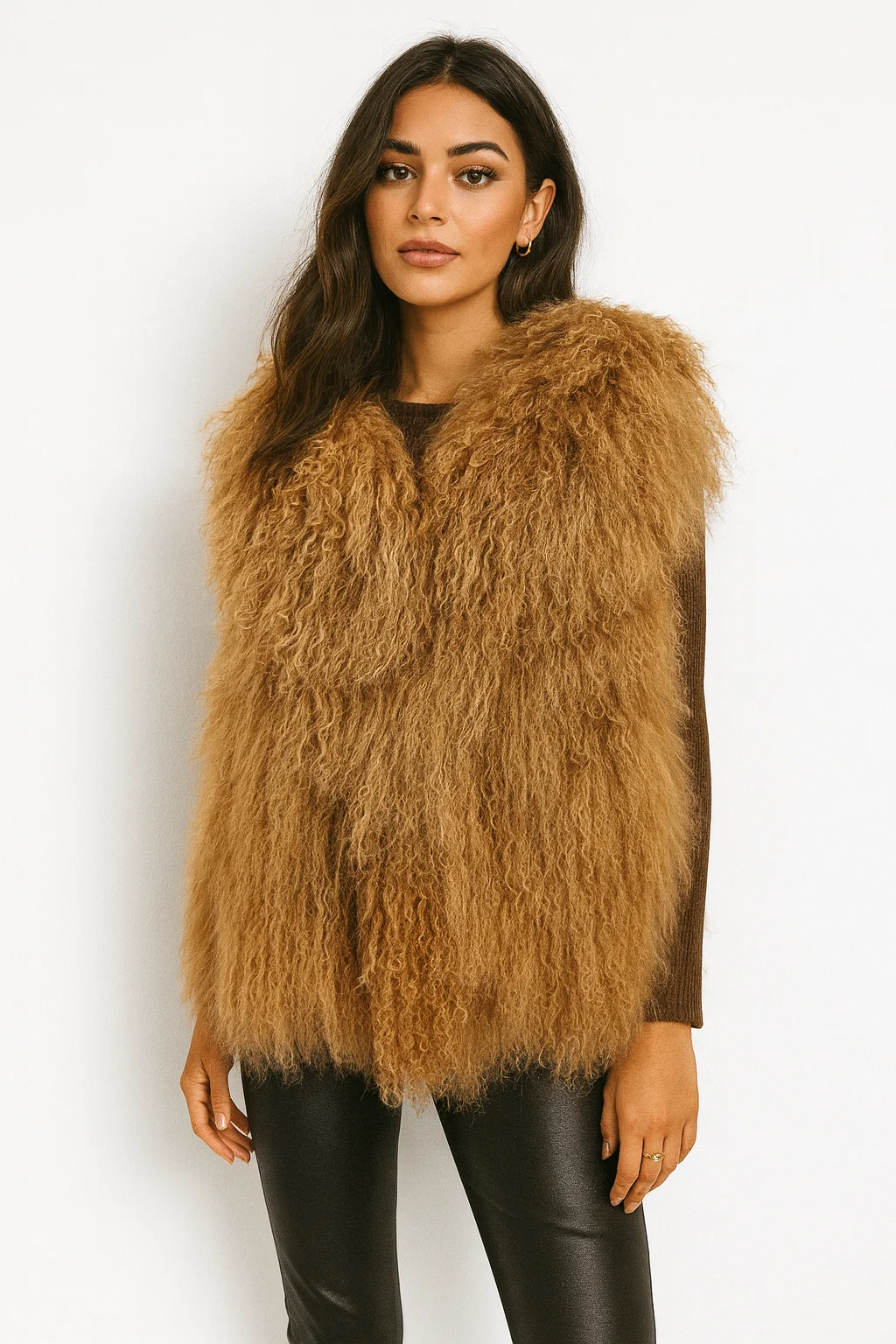 Lady Real Mongolian Sheep Fur Vest Thick Warm Winter Sleeveless Jacket Length 62 cm 250801