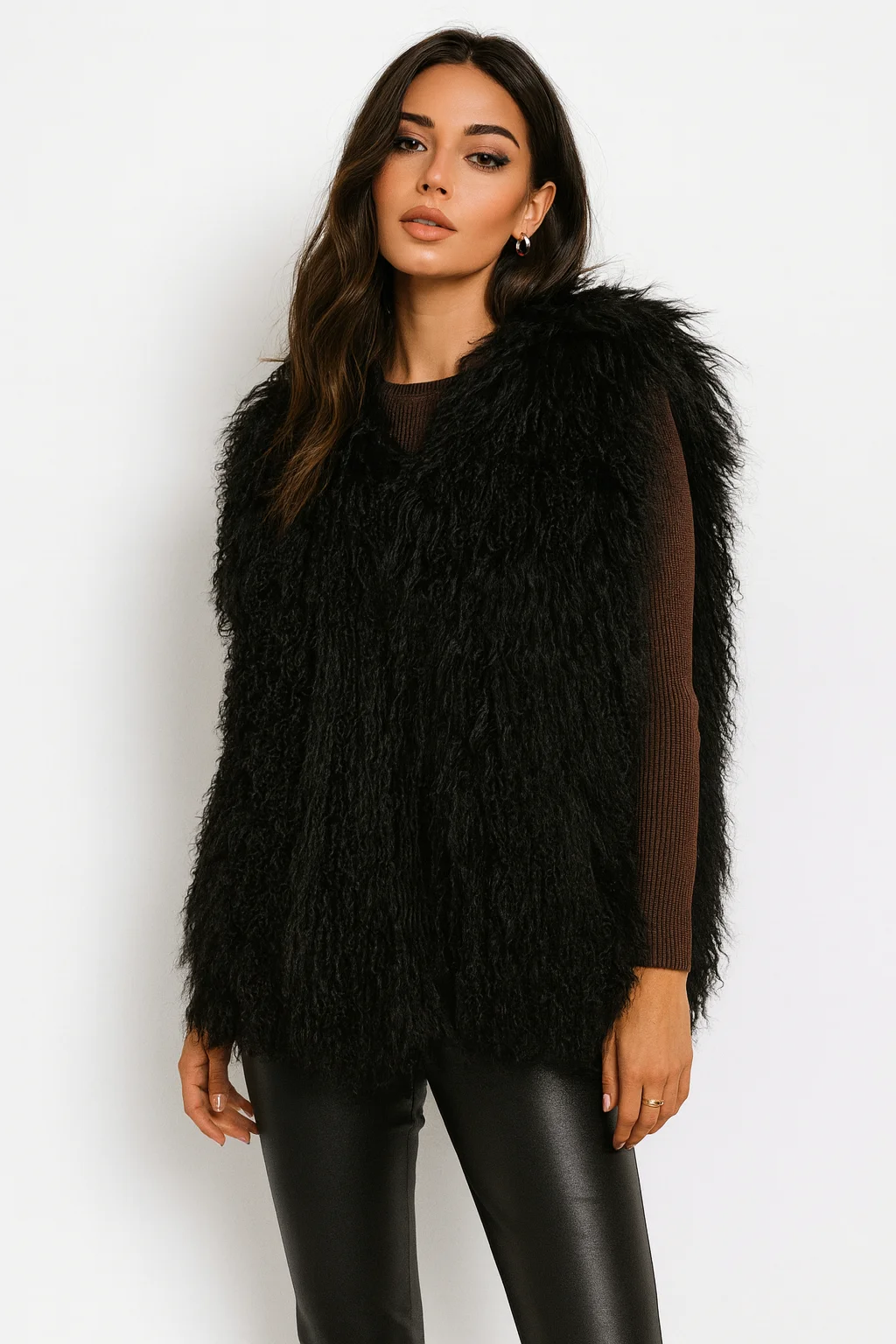 Lady Real Mongolian Sheep Fur Vest Thick Warm Winter Sleeveless Jacket Length 62 cm 250801