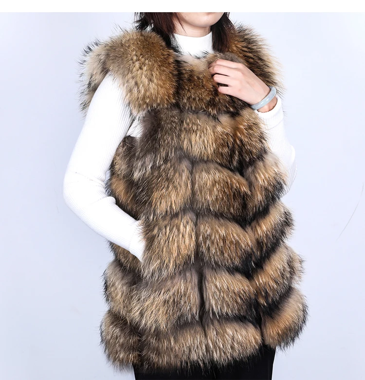 Maomaokong Natural Raccoon Real Fur Coat Ladies Waistcoat Fur Mid-length Winter Warm Real Fur Coat Luxury Women Coat Top Vest
