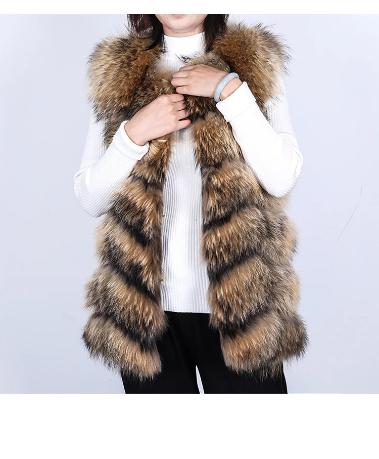 Maomaokong Natural Raccoon Real Fur Coat Ladies Waistcoat Fur Mid-length Winter Warm Real Fur Coat Luxury Women Coat Top Vest