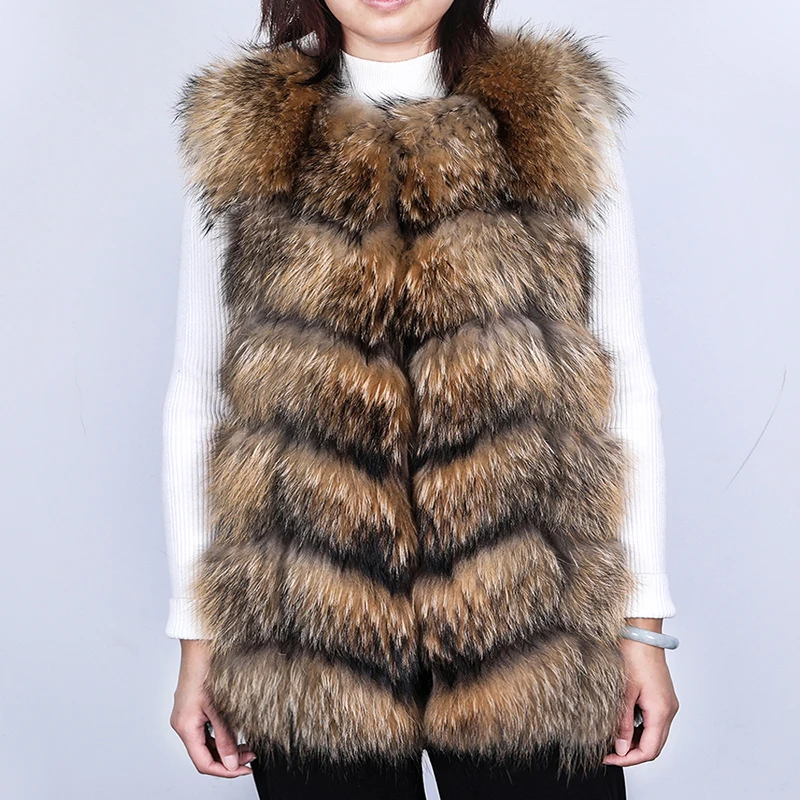 Maomaokong Natural Raccoon Real Fur Coat Ladies Waistcoat Fur Mid-length Winter Warm Real Fur Coat Luxury Women Coat Top Vest