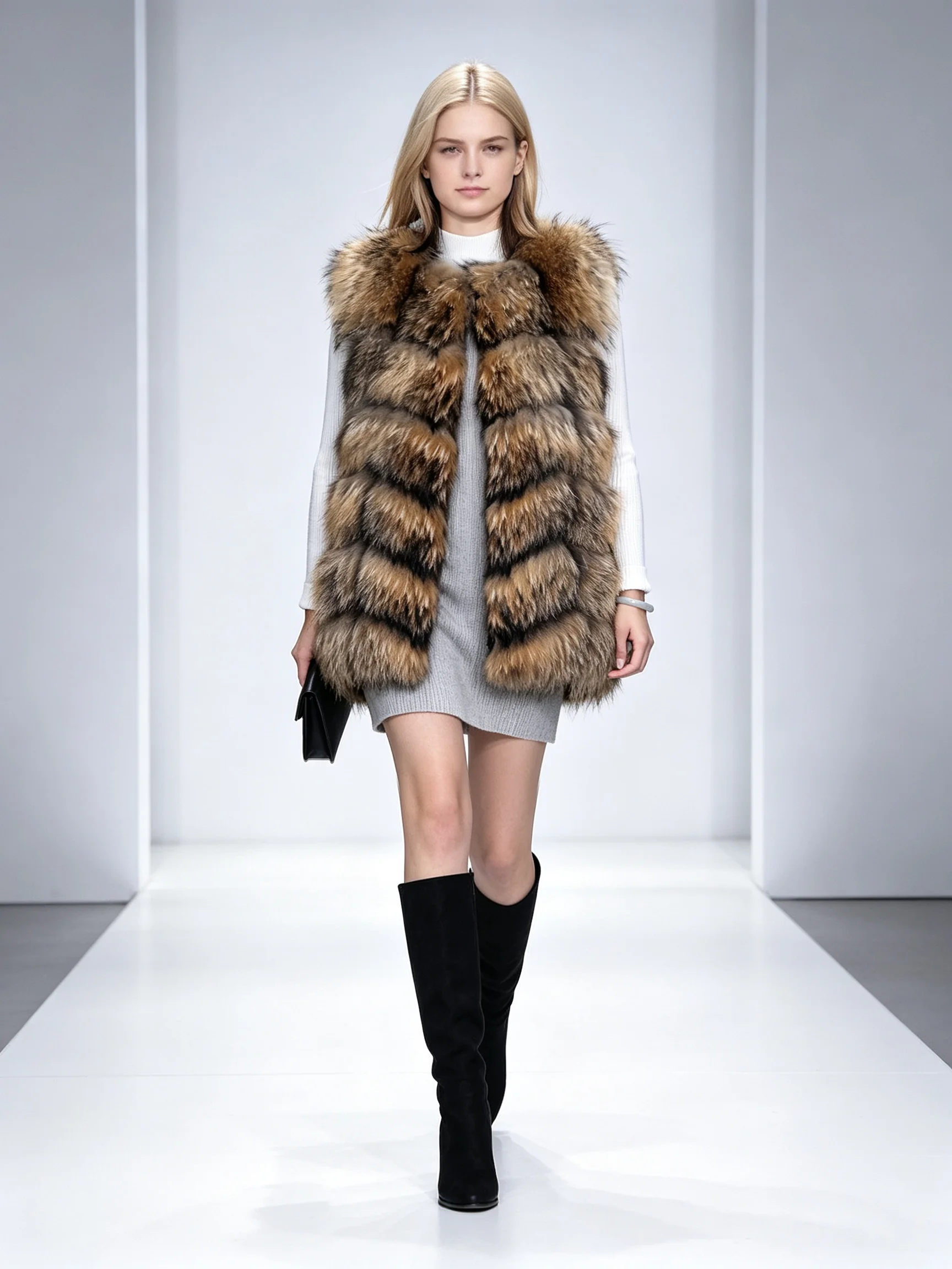 Maomaokong Natural Raccoon Real Fur Coat Ladies Waistcoat Fur Mid-length Winter Warm Real Fur Coat Luxury Women Coat Top Vest
