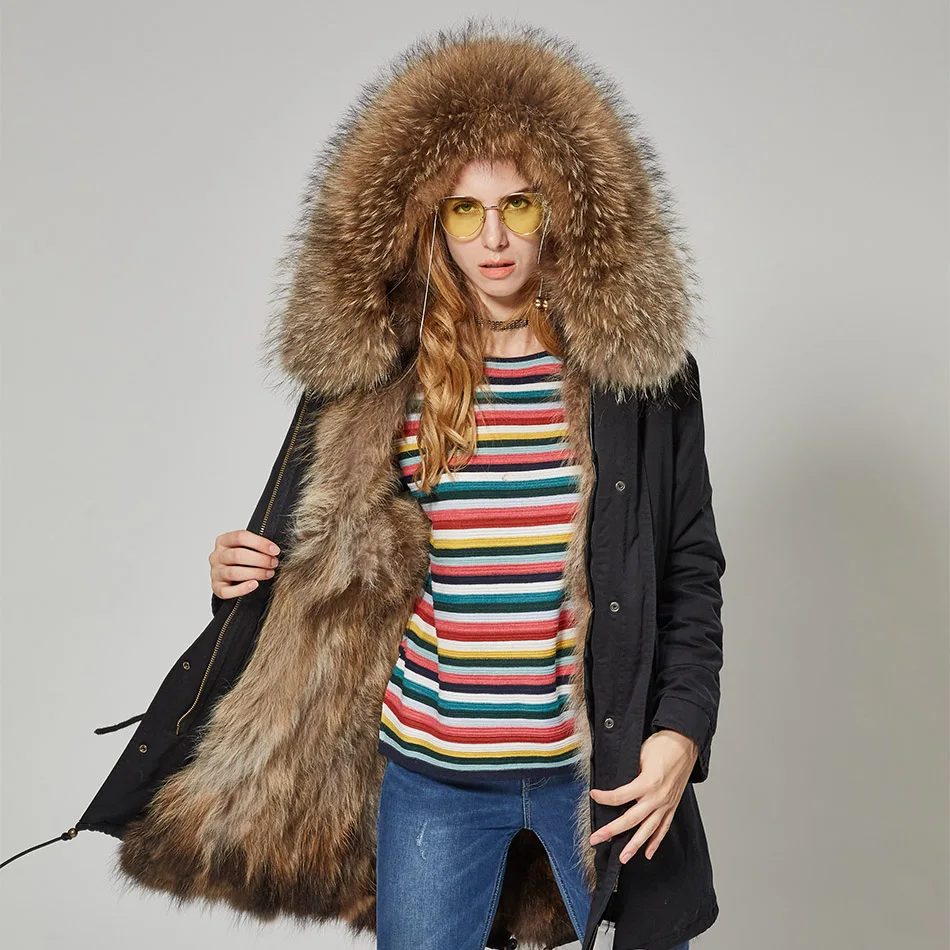 Maomaokong Women Parkas Real Natural Fur Winter Parka Raccoon Fur Collar Fox Inner Fur Liner Jacket Women's Jacket Fur Coat