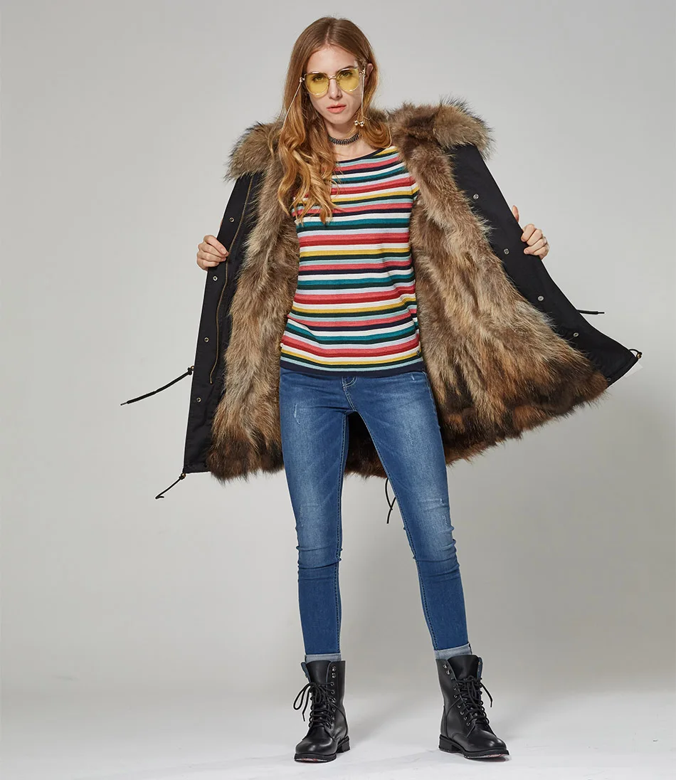 Maomaokong Women Parkas Real Natural Fur Winter Parka Raccoon Fur Collar Fox Inner Fur Liner Jacket Women's Jacket Fur Coat