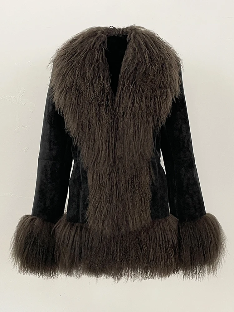 OFTBUY Autumn Winter Women Coat Real Natural Mongolia Sheep Fur Turn-down Collar New Fashion Jacket Thick Warm Casual Overwear