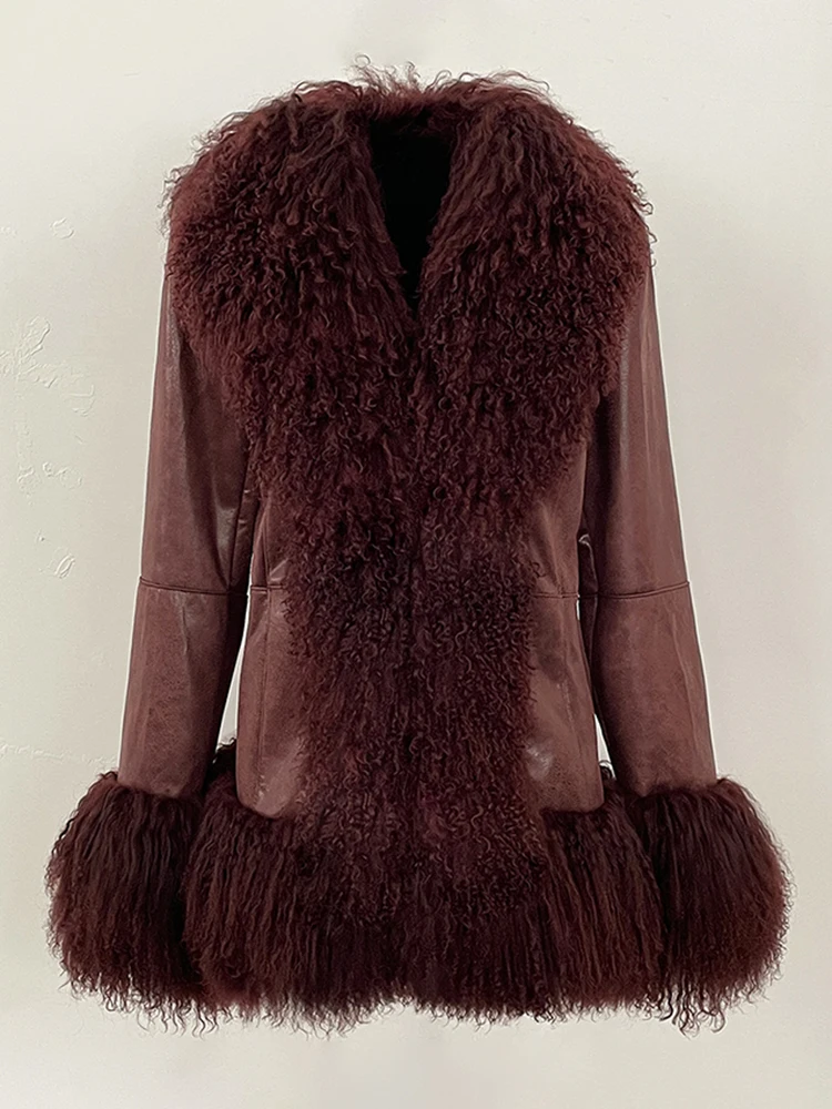 OFTBUY Autumn Winter Women Coat Real Natural Mongolia Sheep Fur Turn-down Collar New Fashion Jacket Thick Warm Casual Overwear