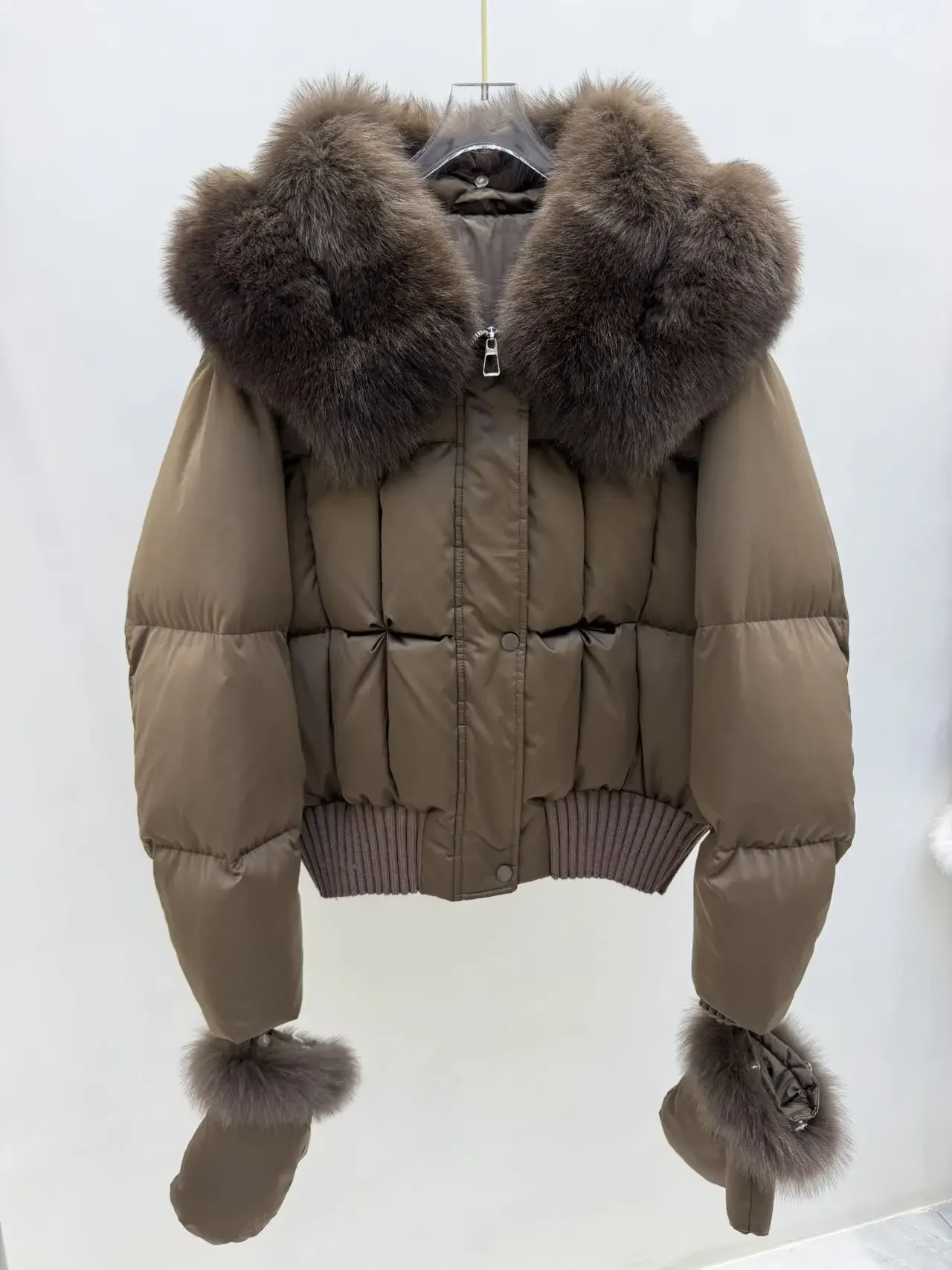 OFTBUY Real Fox Fur Collar Detachable Fur Gloves Winter Solid Puffer Color Outerwear Women Cropped Bomber Duck Down Jacket