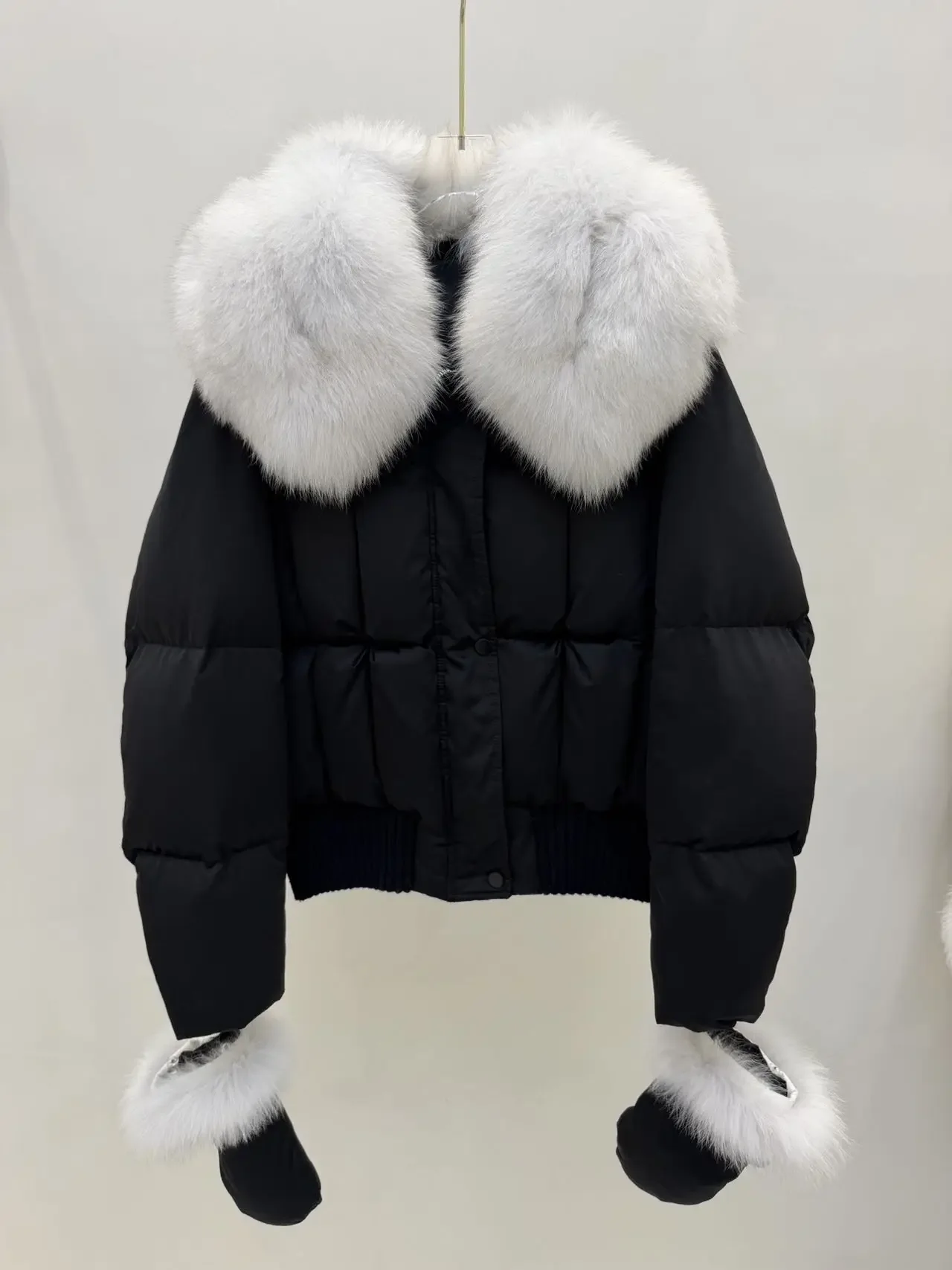 OFTBUY Real Fox Fur Collar Detachable Fur Gloves Winter Solid Puffer Color Outerwear Women Cropped Bomber Duck Down Jacket