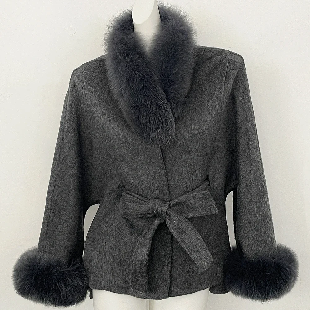 OFTBUY New Winter Natural Fur Woolen Jacket Women Luxury Short 100% Wool Coat Real Fox Fur Collar Belted Waist Outerwear Female