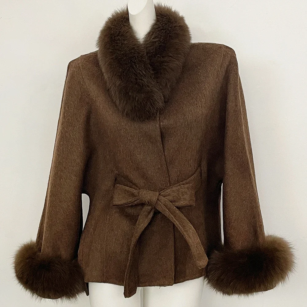 OFTBUY New Winter Natural Fur Woolen Jacket Women Luxury Short 100% Wool Coat Real Fox Fur Collar Belted Waist Outerwear Female