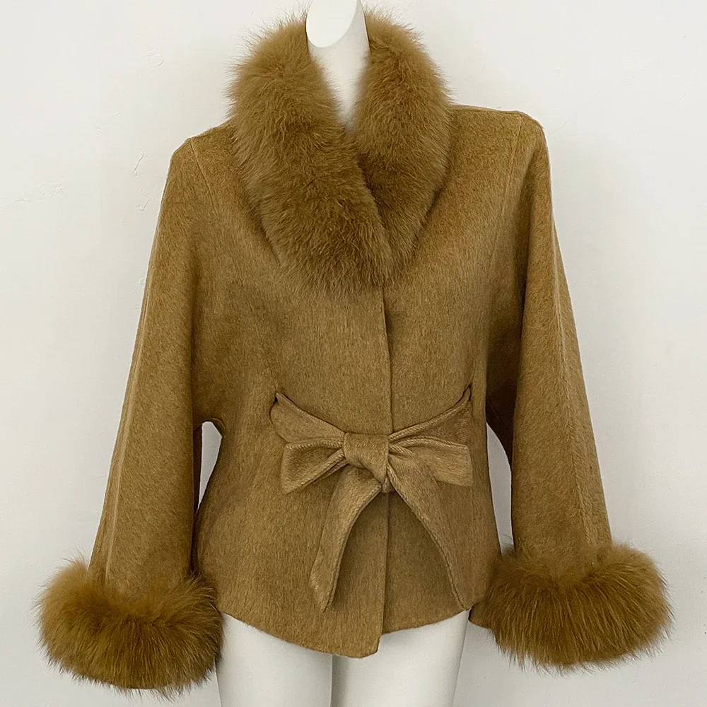 OFTBUY New Winter Natural Fur Woolen Jacket Women Luxury Short 100% Wool Coat Real Fox Fur Collar Belted Waist Outerwear Female