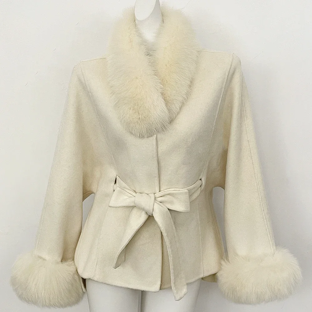 OFTBUY New Winter Natural Fur Woolen Jacket Women Luxury Short 100% Wool Coat Real Fox Fur Collar Belted Waist Outerwear Female