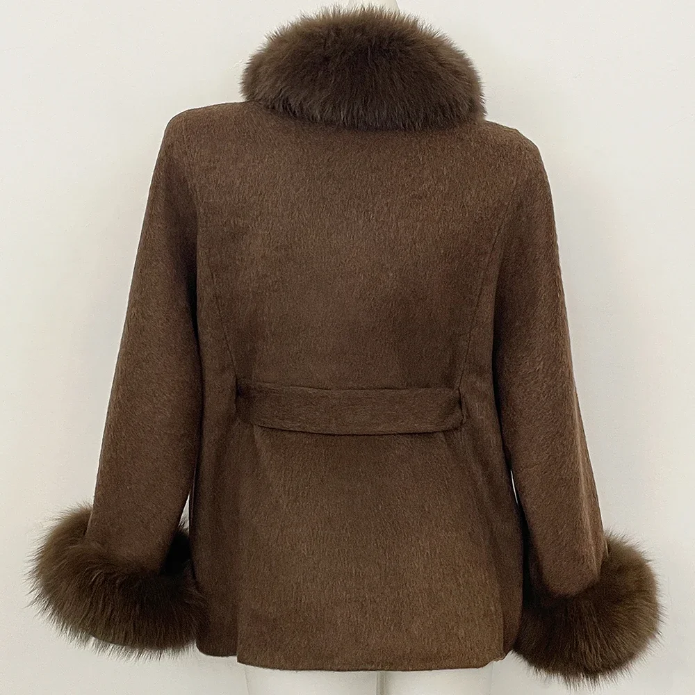 OFTBUY New Winter Natural Fur Woolen Jacket Women Luxury Short 100% Wool Coat Real Fox Fur Collar Belted Waist Outerwear Female