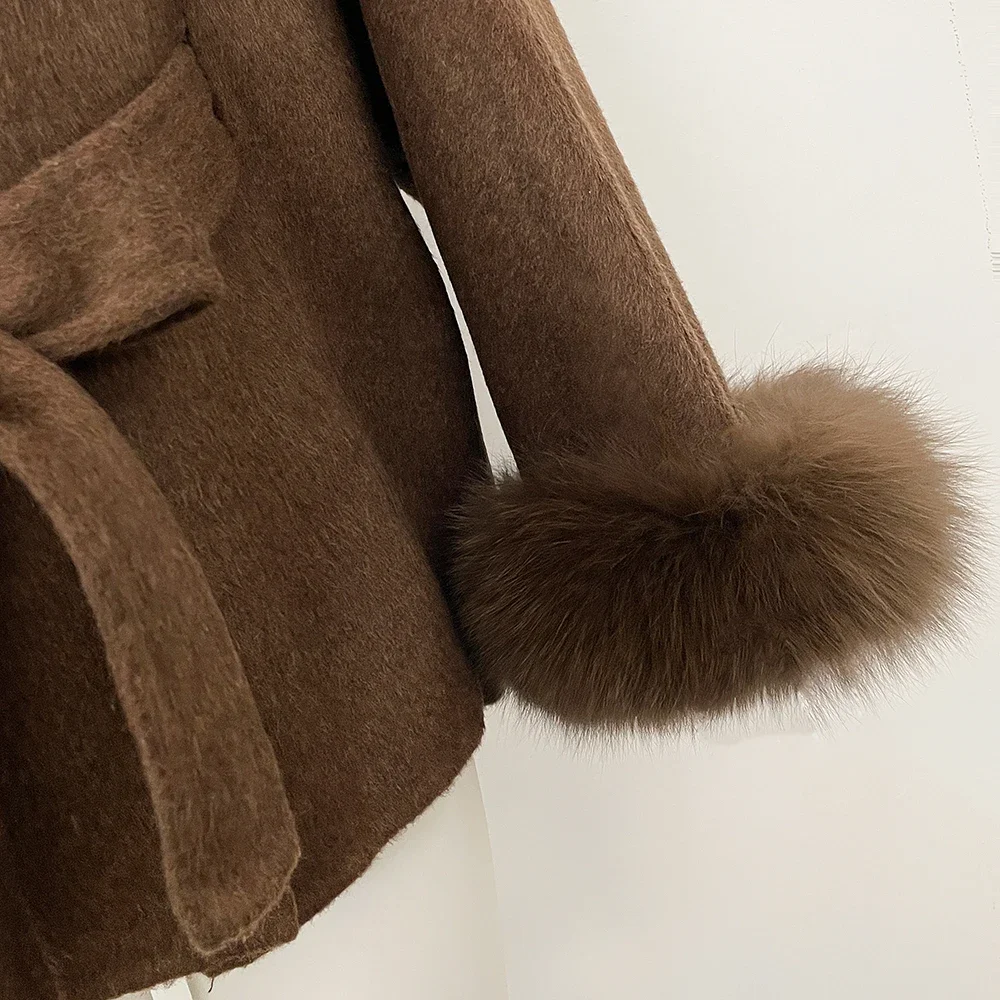 OFTBUY New Winter Natural Fur Woolen Jacket Women Luxury Short 100% Wool Coat Real Fox Fur Collar Belted Waist Outerwear Female