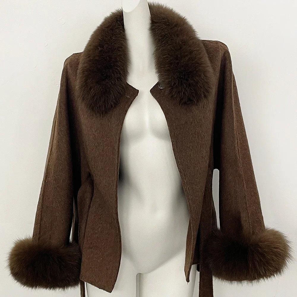 OFTBUY New Winter Natural Fur Woolen Jacket Women Luxury Short 100% Wool Coat Real Fox Fur Collar Belted Waist Outerwear Female