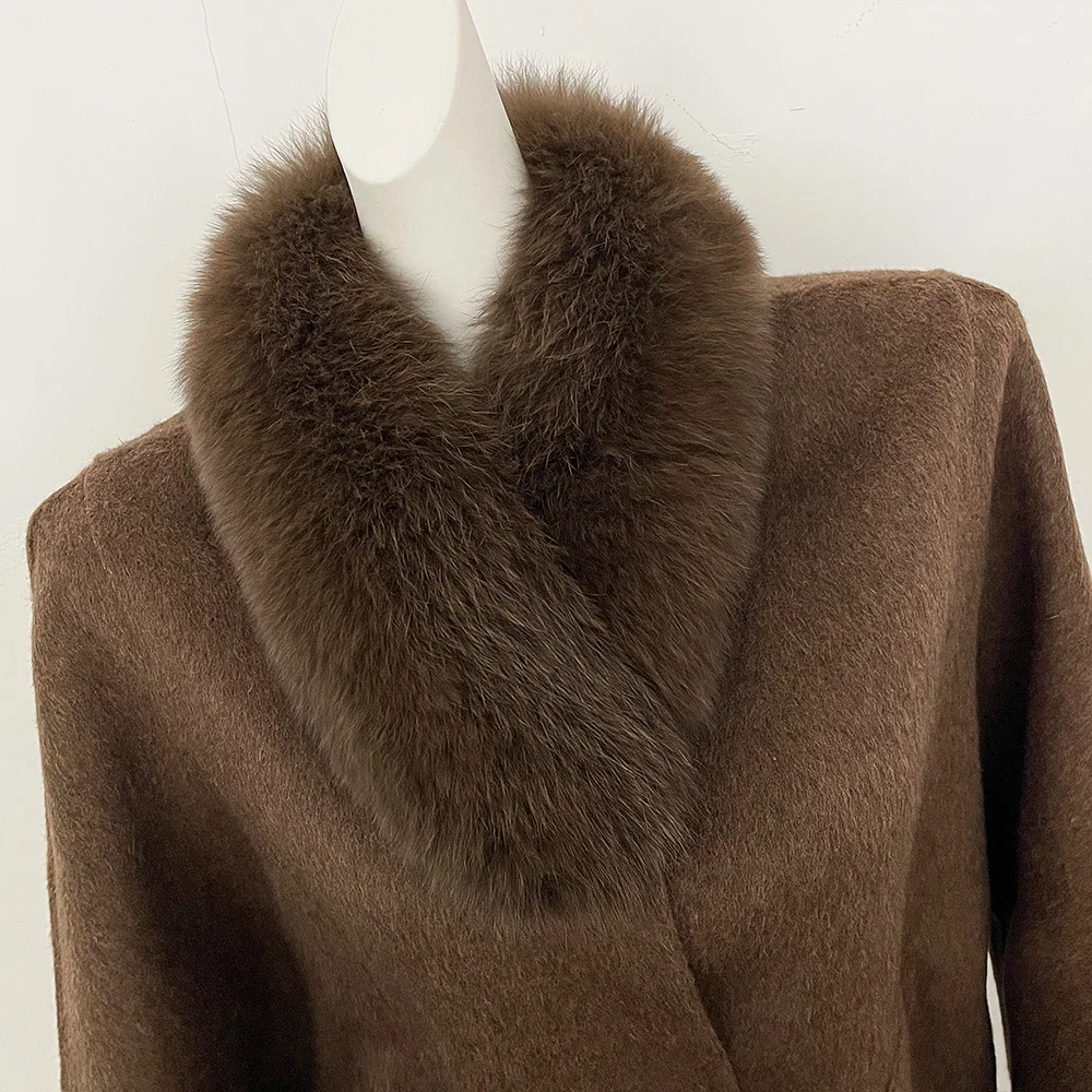 OFTBUY New Winter Natural Fur Woolen Jacket Women Luxury Short 100% Wool Coat Real Fox Fur Collar Belted Waist Outerwear Female