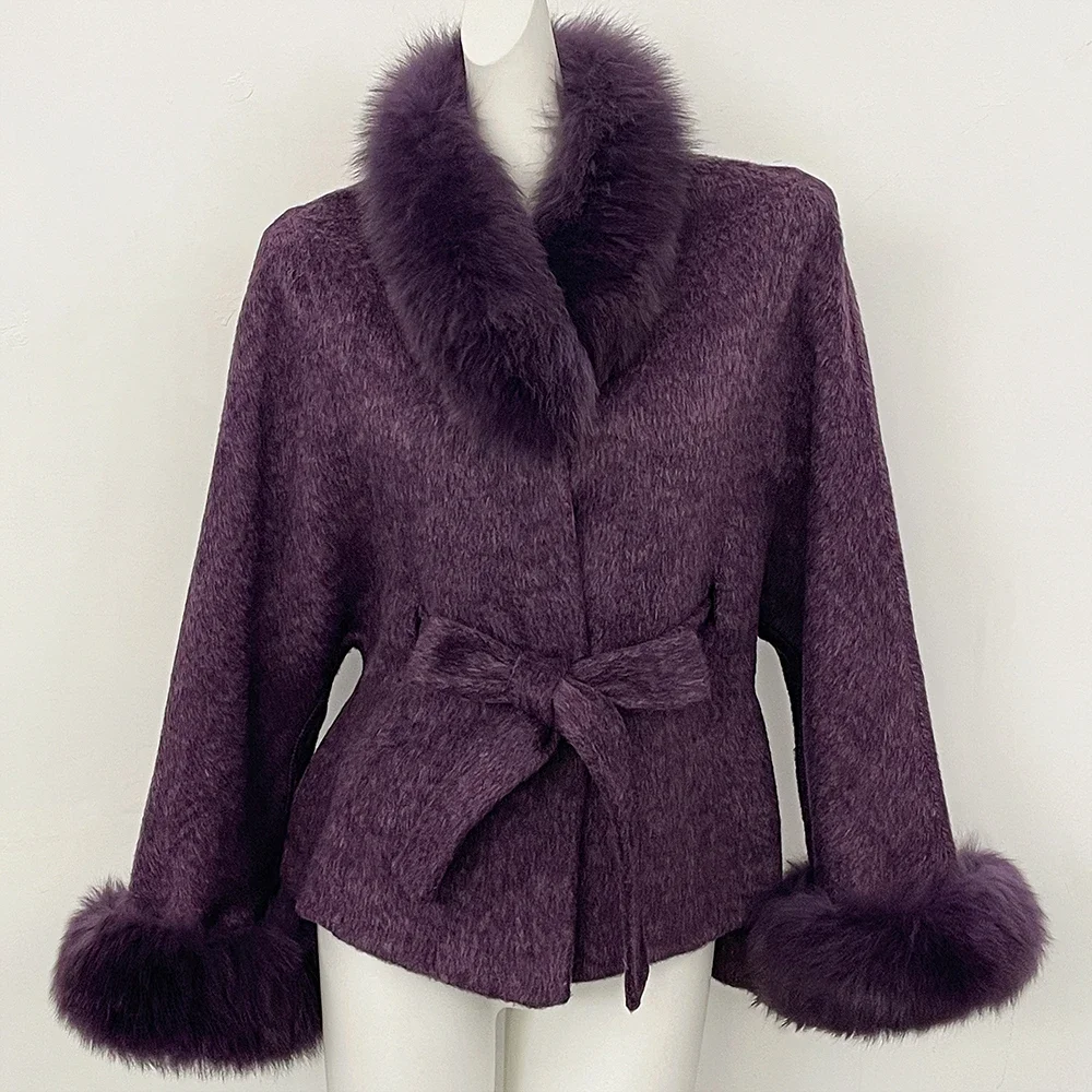 OFTBUY New Winter Natural Fur Woolen Jacket Women Luxury Short 100% Wool Coat Real Fox Fur Collar Belted Waist Outerwear Female