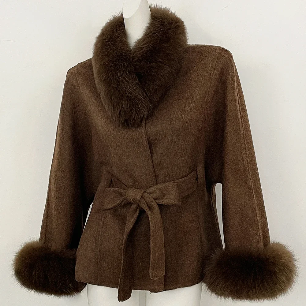 OFTBUY New Winter Natural Fur Woolen Jacket Women Luxury Short 100% Wool Coat Real Fox Fur Collar Belted Waist Outerwear Female