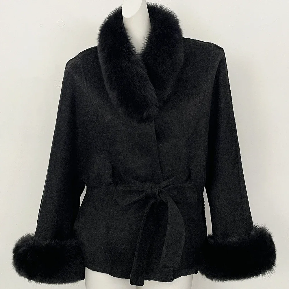 OFTBUY New Winter Natural Fur Woolen Jacket Women Luxury Short 100% Wool Coat Real Fox Fur Collar Belted Waist Outerwear Female