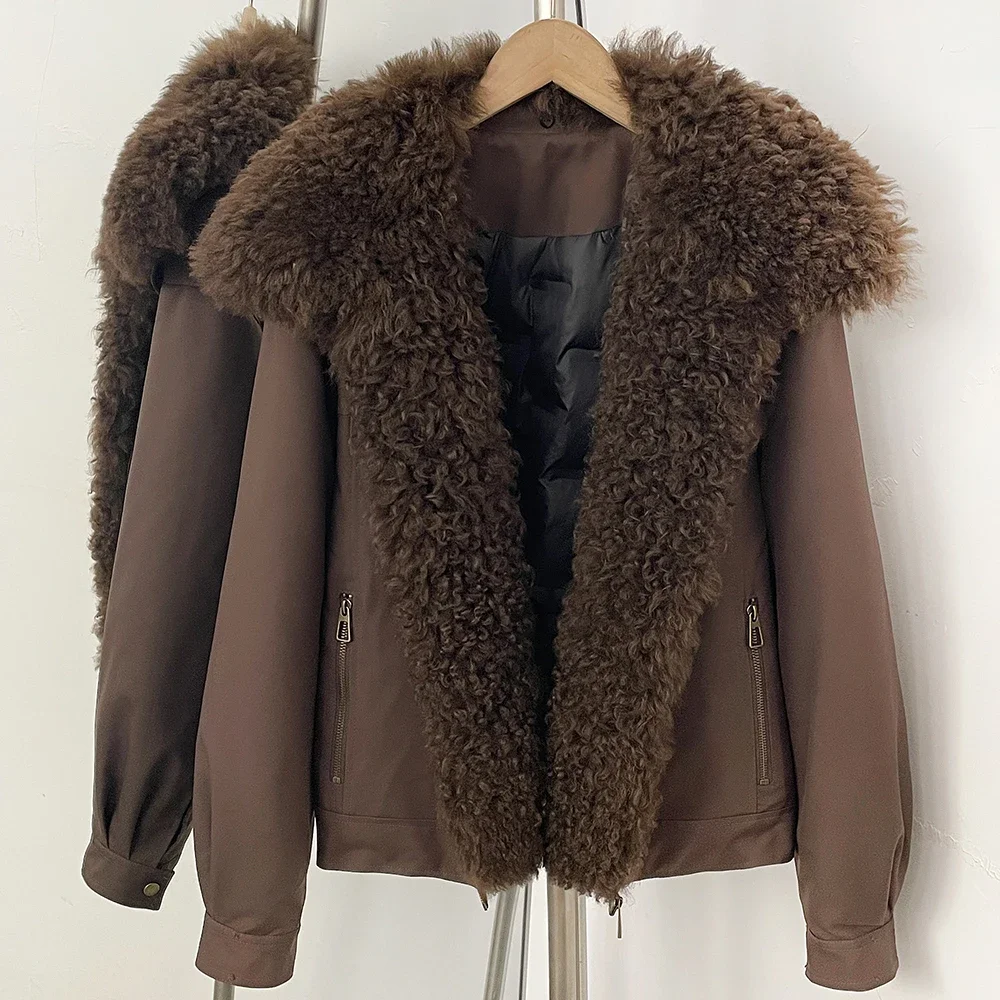OFTBUY 2026 New Winter Women Real Lamb Fur Collar Duck Down Parka Female Warm Puffer Jacket Chic Fashion Casual Coat Outerwear