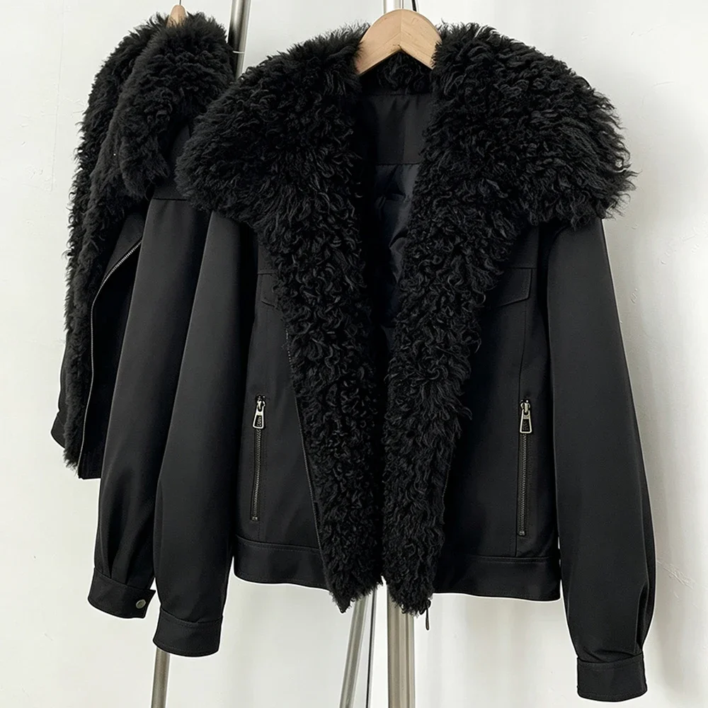 OFTBUY 2026 New Winter Women Real Lamb Fur Collar Duck Down Parka Female Warm Puffer Jacket Chic Fashion Casual Coat Outerwear