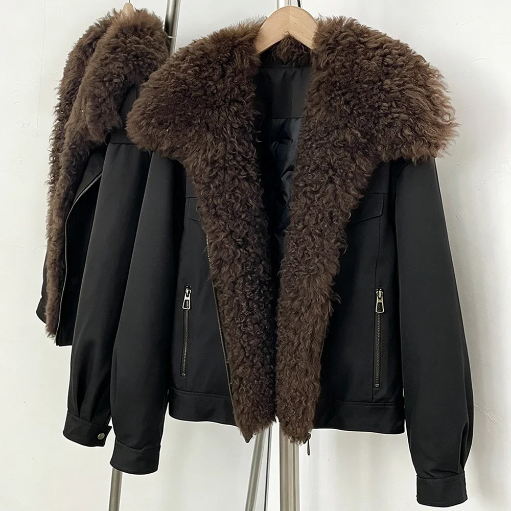 OFTBUY 2026 New Winter Women Real Lamb Fur Collar Duck Down Parka Female Warm Puffer Jacket Chic Fashion Casual Coat Outerwear