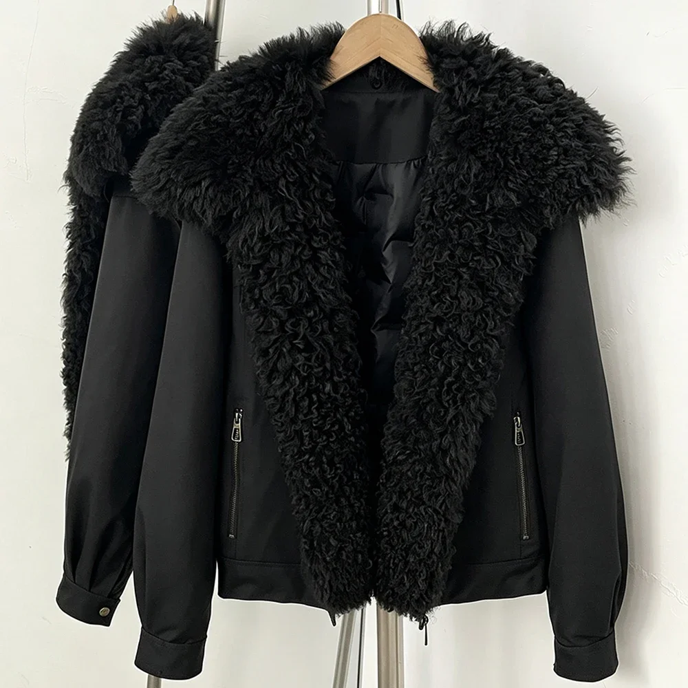 OFTBUY 2026 New Winter Women Real Lamb Fur Collar Duck Down Parka Female Warm Puffer Jacket Chic Fashion Casual Coat Outerwear