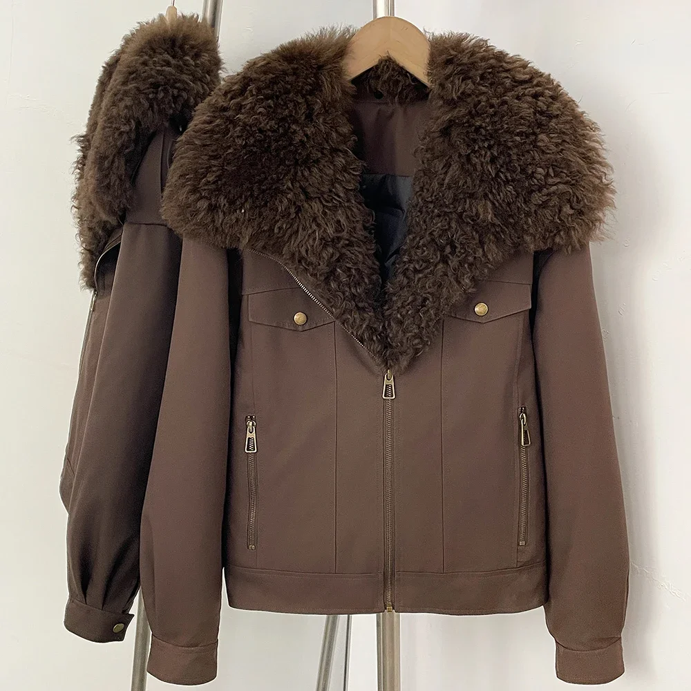 OFTBUY 2026 New Winter Women Real Lamb Fur Collar Duck Down Parka Female Warm Puffer Jacket Chic Fashion Casual Coat Outerwear