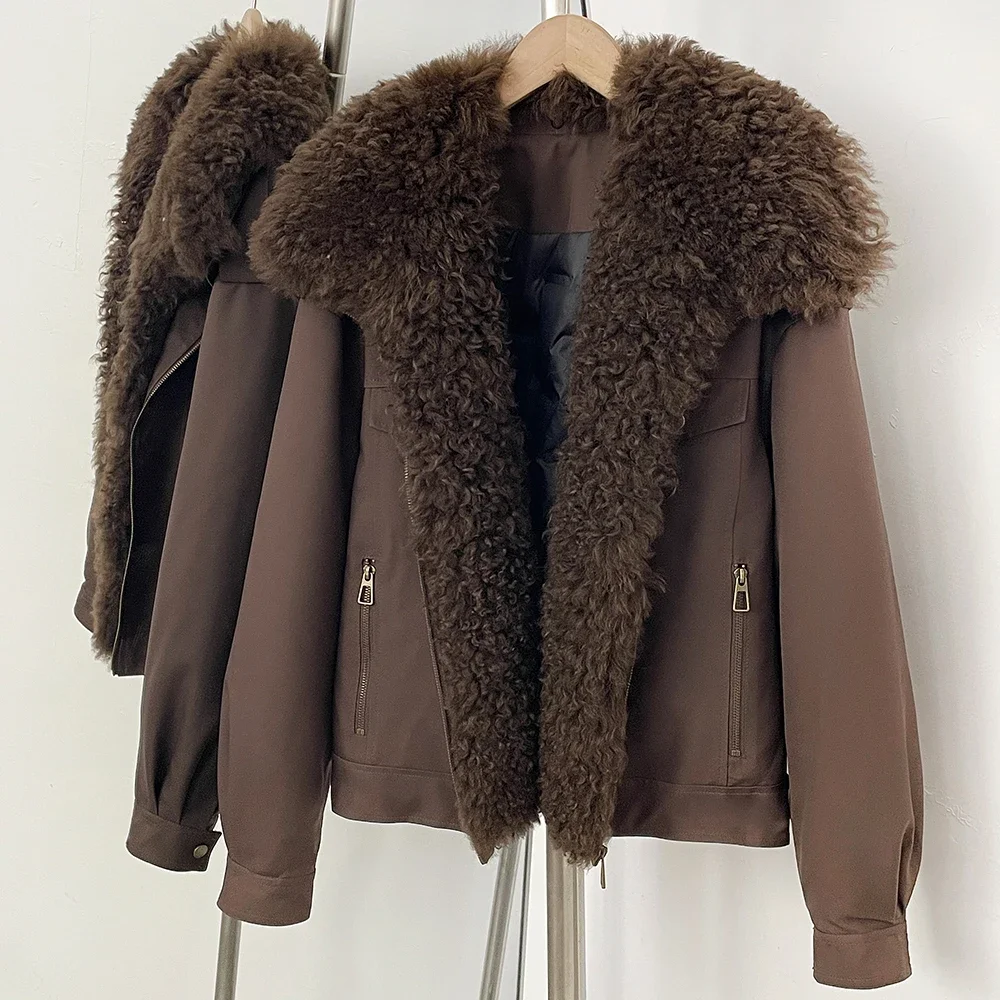 OFTBUY 2026 New Winter Women Real Lamb Fur Collar Duck Down Parka Female Warm Puffer Jacket Chic Fashion Casual Coat Outerwear