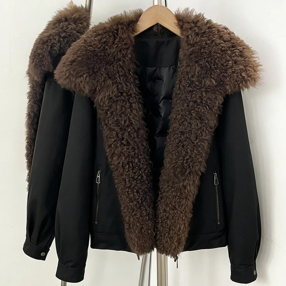 OFTBUY 2026 New Winter Women Real Lamb Fur Collar Duck Down Parka Female Warm Puffer Jacket Chic Fashion Casual Coat Outerwear