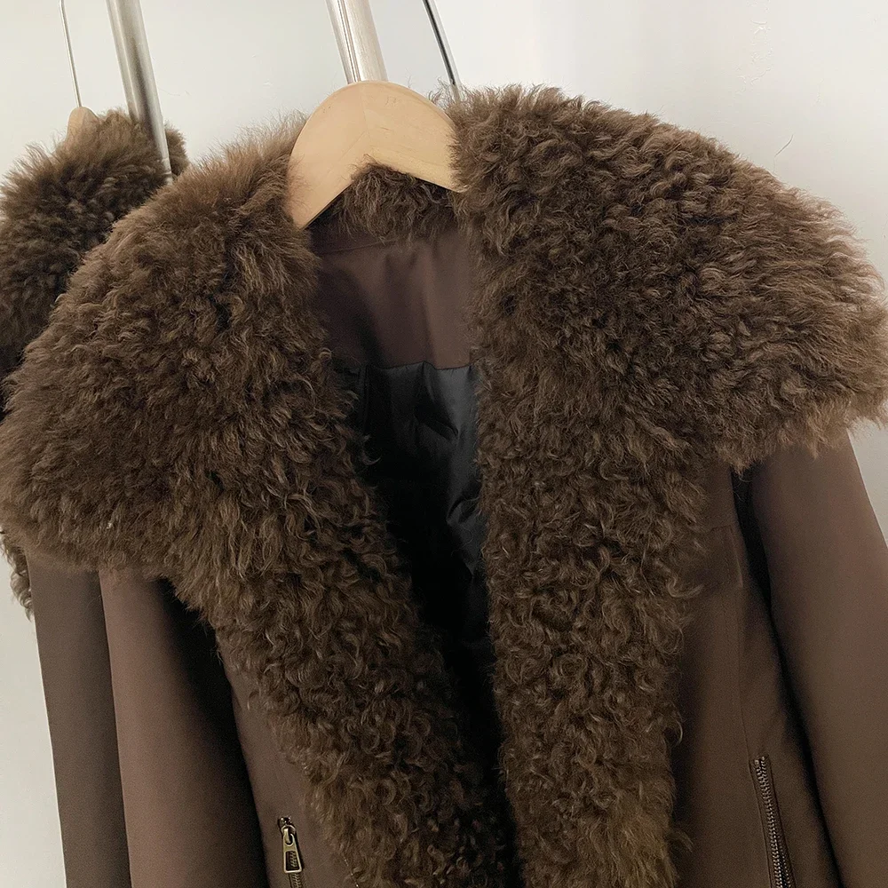 OFTBUY 2026 New Winter Women Real Lamb Fur Collar Duck Down Parka Female Warm Puffer Jacket Chic Fashion Casual Coat Outerwear