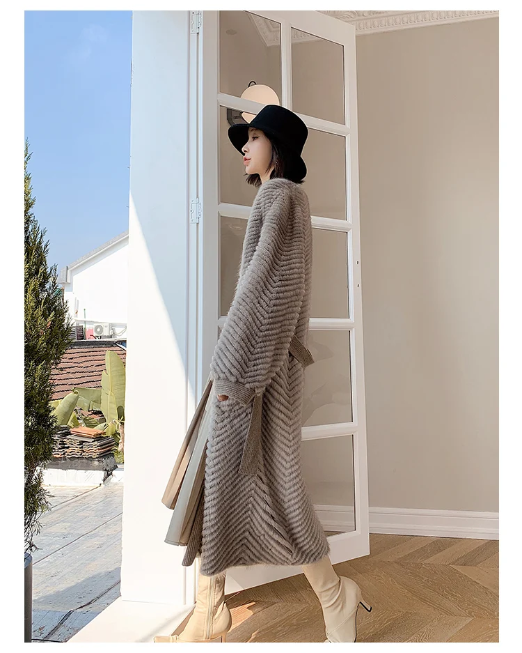 HDHOHR 2026 New High Quality Natural Mink Fur Coat Women With Belt Knitted Real MinkFur Jacket Fashion Warm Long For Female