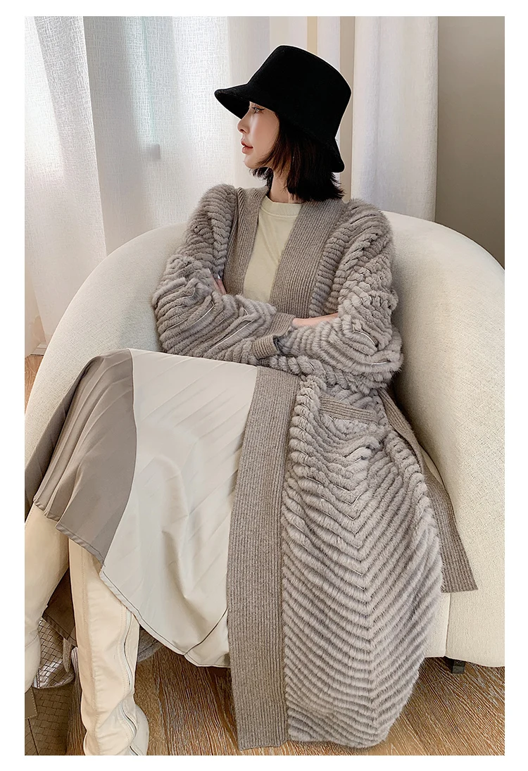HDHOHR 2026 New High Quality Natural Mink Fur Coat Women With Belt Knitted Real MinkFur Jacket Fashion Warm Long For Female