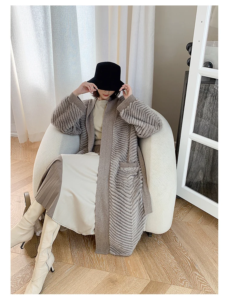 HDHOHR 2026 New High Quality Natural Mink Fur Coat Women With Belt Knitted Real MinkFur Jacket Fashion Warm Long For Female