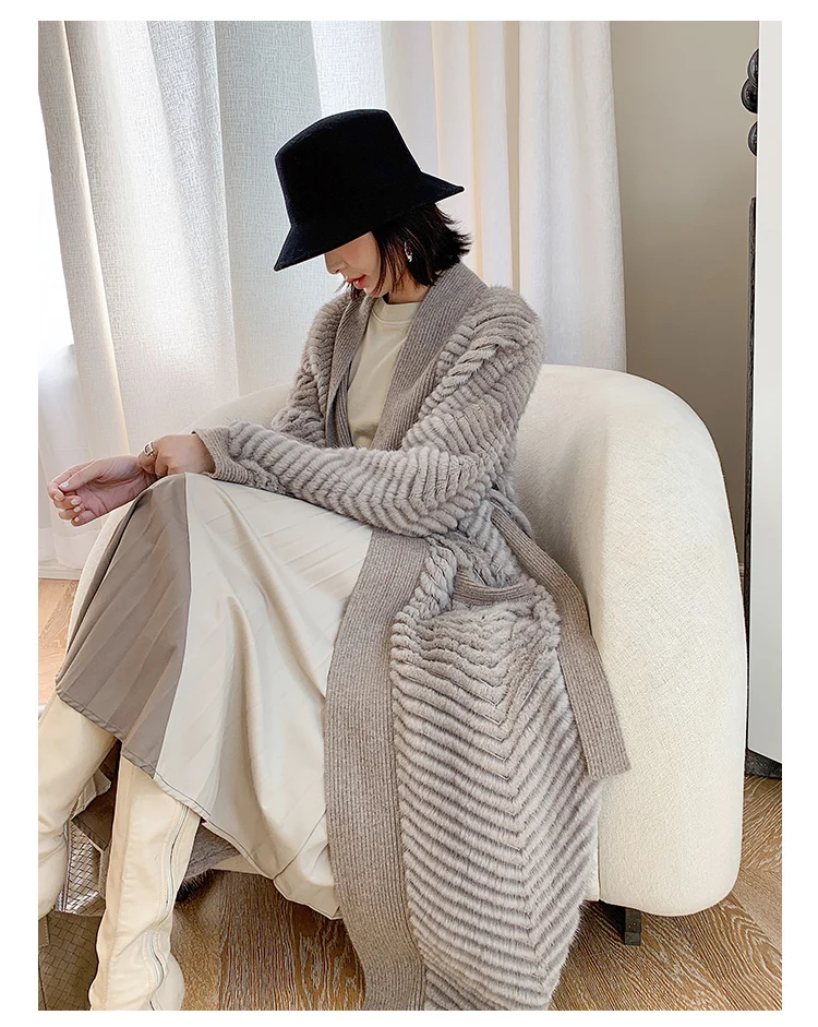 HDHOHR 2026 New High Quality Natural Mink Fur Coat Women With Belt Knitted Real MinkFur Jacket Fashion Warm Long For Female
