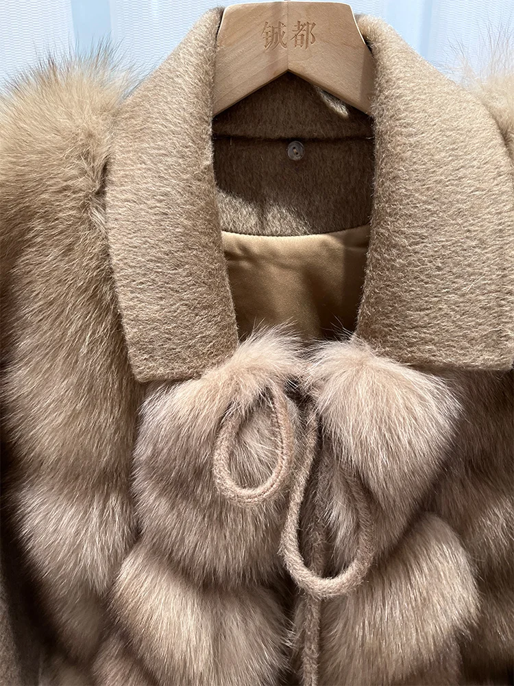 2025 New Women Winter Natural Real Fox Fur Coat Thick Warm Wool Woolen Jacket Cusual Female Outerwear